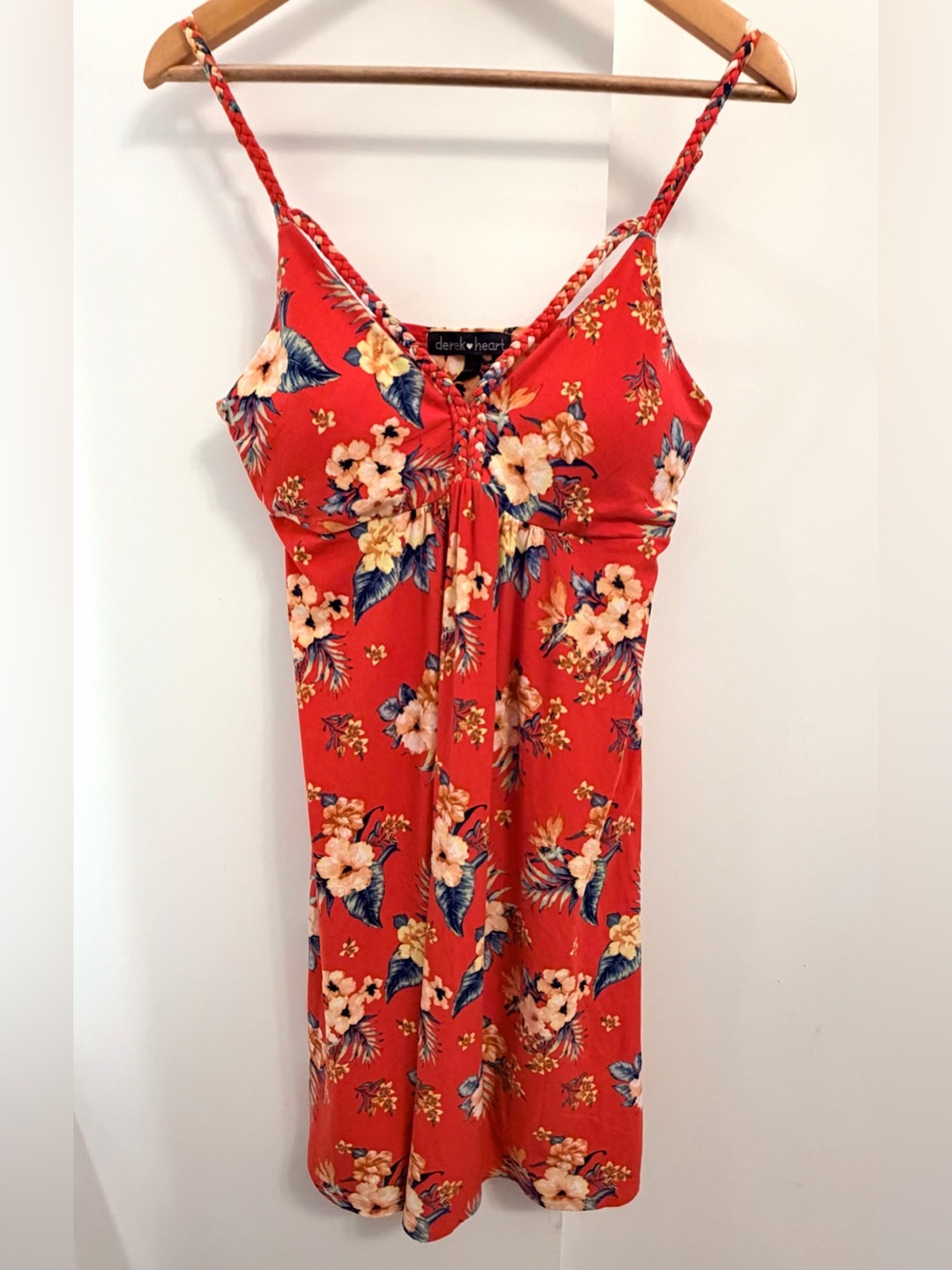 Derek Heart Coral Red Floral Maxi Dress with Braided Straps Large